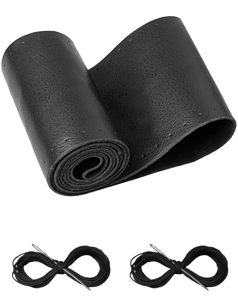BELINOUS Leather Steering Wheel Cover Lace Up, Stitch on Steering Wheel Wrap, Universal Fit 13-20 Inch Car Truck Pickup Boat, A Whole Piece of Cowhide, DIY w/Needle Thread (Size L2, Black) - Image 1
